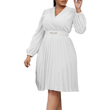 Load image into Gallery viewer, Prowow Elegant Office Lady Dress Solid Color V-neck Long Sleeve Spring Summer Women Clothing Slim Fit A-line Dresses - Shop &amp; Buy
