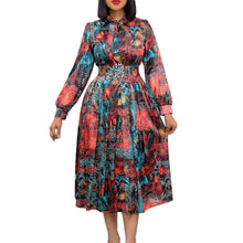 Load image into Gallery viewer, Prowow Elegant Print Women Maxi Dress Long Sleeve Birthday Party Wear with Belt High Waisted Bow Neck Female Clothing - Shop &amp; Buy
