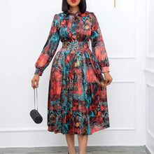 Load image into Gallery viewer, Prowow Elegant Print Women Maxi Dress Long Sleeve Birthday Party Wear with Belt High Waisted Bow Neck Female Clothing - Shop &amp; Buy
