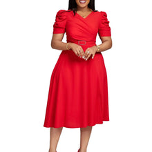 Load image into Gallery viewer, Prowow Elegant V-neck Midi Women Dress Solid Color Short-sleeved Folds Female Clothing with Belt Design Party Wear - Shop &amp; Buy
