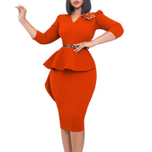 Load image into Gallery viewer, Prowow Elegant Women Pencil Dress Solid Color Skinny Bodycons Office Lady Outfits with Belt Brooch V-neck Ruffle Clothing - Shop &amp; Buy
