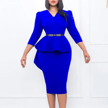 Load image into Gallery viewer, Prowow Elegant Women Pencil Dress Solid Color Skinny Bodycons Office Lady Outfits with Belt Brooch V-neck Ruffle Clothing - Shop &amp; Buy
