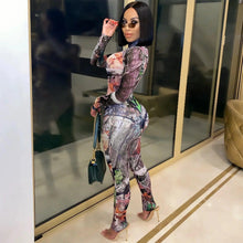 Load image into Gallery viewer, Prowow Fashion Print Sexy Women Two Piece Matching Set Long Sleeve Bodysuits + Pant Spring Fall Tracksuits Mesh Bodycon Outfits - Shop &amp; Buy
