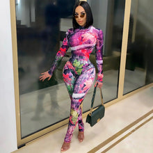 Load image into Gallery viewer, Prowow Fashion Print Sexy Women Two Piece Matching Set Long Sleeve Bodysuits + Pant Spring Fall Tracksuits Mesh Bodycon Outfits - Shop &amp; Buy
