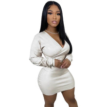 Load image into Gallery viewer, Prowow High Strench Women Mini Dress White Soft PU V-neck Long Sleeve Slim Fit Clothing Trend Folds Spring Female Outfits - Shop &amp; Buy

