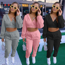 Load image into Gallery viewer, Prowow Plus Velvet Fall Winter Women Tracksuits Zipper Hooded Cropped Sweatshirts Pant Two Piece Sport Suits Female Clothing Set - Shop &amp; Buy
