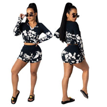 Load image into Gallery viewer, Prowow Ribbed Women Clothing Set Fashion Black White Print Spring Summer Matching Suits Long Sleeve Cropped Shirt Shorts 2 Piece - Shop &amp; Buy
