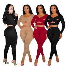 Load image into Gallery viewer, Prowow Sexy Women Bodycon Suits Criss-Cross Corset Tops Pant Two Piece Matching Clothing Set Long Sleeve Fall Party Outfits - Shop &amp; Buy