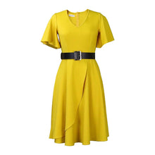 Load image into Gallery viewer, Prowow V-neck Solid Color Summer Female Clothing with Belt Short Flare Sleeve Slim Fit Women Dress New Design - Shop &amp; Buy
