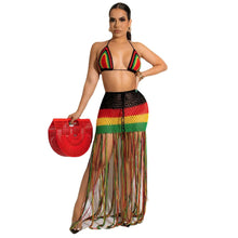 Load image into Gallery viewer, Prowow Women Beach Outfits Halter Cropped Tops Tassel Skirt Two Piece Summer Clothing Set Crochet Knitted Lady Striped Suits - Shop &amp; Buy
