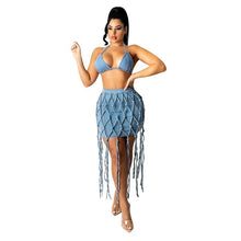 Load image into Gallery viewer, Prowow Women Clothing Set Lace Up Corset Tops Tassel Skirt Two Piece Beach Outfits Suits Summer Denim Party Night Clubwear - Shop &amp; Buy
