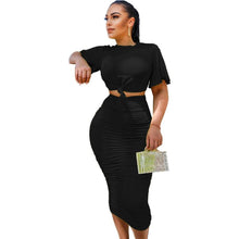 Load image into Gallery viewer, Prowow Women Clothing Set Short Sleeve Shirt Folds Maxi Skirt Two Piece Summer Solid Color Suit Outfits - Shop &amp; Buy
