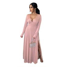 Load image into Gallery viewer, Prowow Women Maxi Dress Elegant Slim V-neck Long Sleeve Birthday Party Evening Wear Hem Slit Solid Color Female Clothes - Shop &amp; Buy

