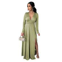 Load image into Gallery viewer, Prowow Women Maxi Dress Elegant Slim V-neck Long Sleeve Birthday Party Evening Wear Hem Slit Solid Color Female Clothes - Shop &amp; Buy
