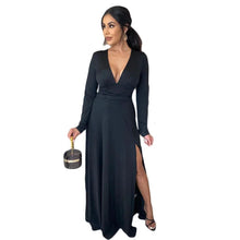 Load image into Gallery viewer, Prowow Women Maxi Dress Elegant Slim V-neck Long Sleeve Birthday Party Evening Wear Hem Slit Solid Color Female Clothes - Shop &amp; Buy
