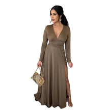 Load image into Gallery viewer, Prowow Women Maxi Dress Elegant Slim V-neck Long Sleeve Birthday Party Evening Wear Hem Slit Solid Color Female Clothes - Shop &amp; Buy
