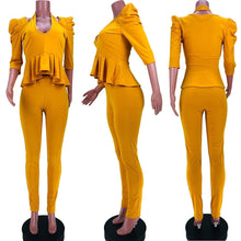 Load image into Gallery viewer, Prowowo Office Lady Cothing Set V-neck Puff Sleeve Ruffle Tops Pant Two Piece Women Suits New Sweet Yellow Spring Fall Outfit - Shop &amp; Buy