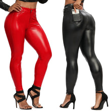 Load image into Gallery viewer, PU Leather Leggings With Pocket Women Faux Thin Leggins Night Club High Waist Curvy Elastic Ruched Tummy Control Fitness Pants - Shop &amp; Buy
