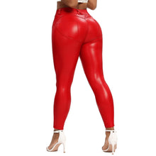 Load image into Gallery viewer, PU Leather Leggings With Pocket Women Faux Thin Leggins Night Club High Waist Curvy Elastic Ruched Tummy Control Fitness Pants - Shop &amp; Buy

