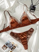 Load image into Gallery viewer, Pure Brown Elastic Pull Frame Embroidery Lingerie Set, Triangle Bra &amp; Thong, Womens Sexy Lingerie &amp; Underwear - Shop &amp; Buy
