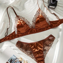 Load image into Gallery viewer, Pure Brown Elastic Pull Frame Embroidery Lingerie Set, Triangle Bra &amp; Thong, Womens Sexy Lingerie &amp; Underwear - Shop &amp; Buy
