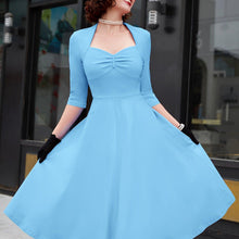 Load image into Gallery viewer, Queen Anne Neck Flare Dress, Vintage Three-quarter Sleeve Ruched A-line Dress For Party &amp; Banquet - Shop &amp; Buy
