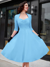 Load image into Gallery viewer, Queen Anne Neck Flare Dress, Vintage Three-quarter Sleeve Ruched A-line Dress For Party &amp; Banquet - Shop &amp; Buy
