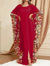 Load image into Gallery viewer, Ramadan Floral Print Crew Neck Kaftan, Elegant Batwing Sleeve Split Maxi Dress - Shop &amp; Buy
