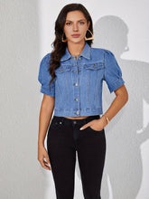 Load image into Gallery viewer, Retro-Inspired Women Cropped Denim Jacket - Stylish Short Sleeve Button-Down with Practical Chest Pocket - Comfy &amp; Versatile for All-Season Everyday Wear - Shop &amp; Buy
