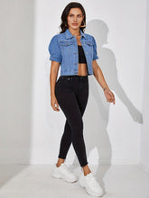 Load image into Gallery viewer, Retro-Inspired Women Cropped Denim Jacket - Stylish Short Sleeve Button-Down with Practical Chest Pocket - Comfy &amp; Versatile for All-Season Everyday Wear - Shop &amp; Buy
