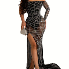Load image into Gallery viewer, Rhinestone Bodycon Tube Dress - Daring Solid Split Thigh, Chic Off Shoulder, Elegant Long Sleeve, Sultry See-Through - Shop &amp; Buy
