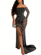 Load image into Gallery viewer, Rhinestone Bodycon Tube Dress - Daring Solid Split Thigh, Chic Off Shoulder, Elegant Long Sleeve, Sultry See-Through - Shop &amp; Buy
