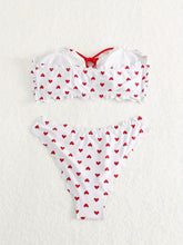 Load image into Gallery viewer, Romantic Heart Print Bandeau Bikini Set - Flirty Scallop Trim, Adjustable Tie Front, High Cut Swimsuit - Shop &amp; Buy

