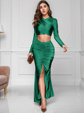 Load image into Gallery viewer, Ruched Long Sleeve Top and Slit Skirt Set - Shop &amp; Buy
