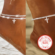 Load image into Gallery viewer, S925 Sterling Silver Wave Shiny Cross Pendant Anklet For Women, Single/Double Layer Cross Pendant Anklet - Shop &amp; Buy
