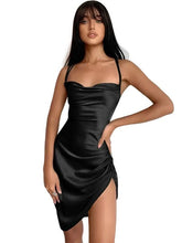 Load image into Gallery viewer, Satin Women Strap Mini Dress Ruched Lace Up Cross Bandage Backless Bodycon Sexy Party Elegant - Shop &amp; Buy
