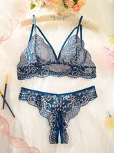 Load image into Gallery viewer, Semi Sheer Lace Strappy Lingerie Set, Cage Intimates Bra &amp; Open Crotch Thong, Womens Sexy Lingerie &amp; Underwear - Shop &amp; Buy
