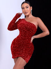 Load image into Gallery viewer, Sequin One-Shouler Tulip Hem Bodycon Dress - Shop &amp; Buy