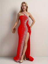 Load image into Gallery viewer, Sequined Rhinestone One Shoulder Bodycon Dress, Sexy Split Thigh Sleeveless Maxi Dress For Party &amp; Banquet - Shop &amp; Buy
