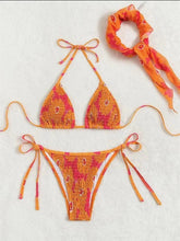 Load image into Gallery viewer, Sexy Band 3 Piece Bikini Set Women Orange Floral Print Pleate Push Up Micro Swimwear Bathing Suit Tie Side Thong Swimsuit - Shop &amp; Buy
