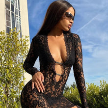 Load image into Gallery viewer, Sexy Black Lace Mini Dress for Women New Fashion Deep V Neck Long Sleeve Hollow Out See Through Club Party Dresses - Shop &amp; Buy
