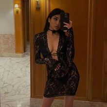 Load image into Gallery viewer, Sexy Black Lace Mini Dress for Women New Fashion Deep V Neck Long Sleeve Hollow Out See Through Club Party Dresses - Shop &amp; Buy
