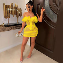 Load image into Gallery viewer, Sexy Feather Sheer Mesh Skirts Slim Two Piece Set Off the Shoulder Plush Corset Top + Mini Skirts See Through Clubwear Outfits - Shop &amp; Buy
