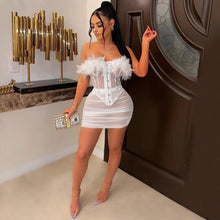 Load image into Gallery viewer, Sexy Feather Sheer Mesh Skirts Slim Two Piece Set Off the Shoulder Plush Corset Top + Mini Skirts See Through Clubwear Outfits - Shop &amp; Buy
