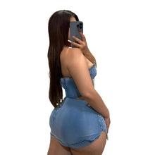 Load image into Gallery viewer, Sexy Grommet Denim Short 2 Piece Set for Women Summer Sexy Strapless Tube Crop Top + Mini Skirts Club Party Outfits Matching Set - Shop &amp; Buy
