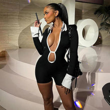 Load image into Gallery viewer, Sexy Hollow Out Deep V Neck Bandage Playsuit Romper Fashion Black White Patcwork Backless Bandage Shorts Jumpsuit Clubwear - Shop &amp; Buy
