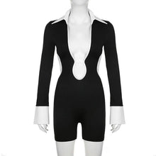 Load image into Gallery viewer, Sexy Hollow Out Deep V Neck Bandage Playsuit Romper Fashion Black White Patcwork Backless Bandage Shorts Jumpsuit Clubwear - Shop &amp; Buy
