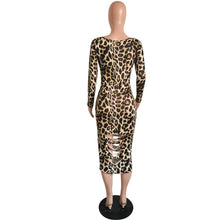 Load image into Gallery viewer, Sexy Leopard Print Hollow Out Long Dress for Women Fall Low-cut Long Sleeve Skinny Night Club Party Dresses - Shop &amp; Buy
