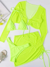 Load image into Gallery viewer, Sexy Neon Green Long Sleeve 4 Piece Bikini Set Women Beach Mesh Cover-ups Pleate Skirt Swimsuit Summer Bathing Suit Swimwear - Shop &amp; Buy
