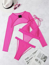 Load image into Gallery viewer, Sexy Neon Hot Pink Swimwear Women Solid Mesh Long Sleeve Cover Up Two Piece Swimsuit Hollow Out Beach Backless Swimwear Biquini - Shop &amp; Buy
